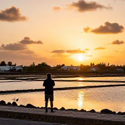 Caribbean Holidays, Cura&ccedil;ao Birdwatching, Relaxed Cura&ccedil;ao evening with a birdwatcher overlooking a salt pan, warm sunset colours and Caribbean landscape
