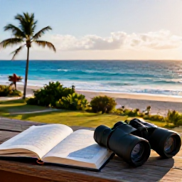 Caribbean Holidays, Cura&ccedil;ao Birdwatching, Relaxed Cura&ccedil;ao holiday scene with binoculars, a field guide and tropical coastline at golden hour