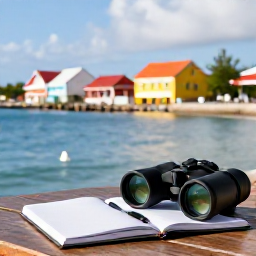 Caribbean Holidays, Cura&ccedil;ao Birdwatching, Relaxed Cura&ccedil;ao waterfront with colourful buildings, a birdwatcher&rsquo;s notebook and binoculars beside a caf&eacute; table