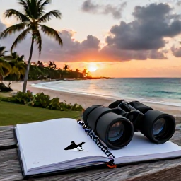 Caribbean Holidays, Cura&ccedil;ao Birdwatching, Sunset over Cura&ccedil;ao coast with a birdwatching notebook, binoculars and tropical island scenery