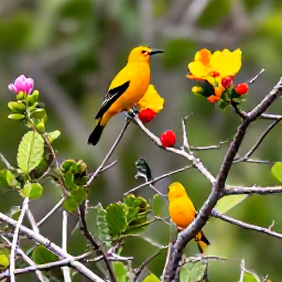 Caribbean Holidays, Cura&ccedil;ao Birdwatching, Tropical Cura&ccedil;ao woodland and cactus scrub with a yellow oriole, hummingbird and small native birds among flowering plants