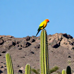 Caribbean Holidays, Cura&ccedil;ao Birdwatching, Yellow-shouldered Amazon parrot in a Cura&ccedil;ao cactus landscape, with a clear blue sky and rocky hills