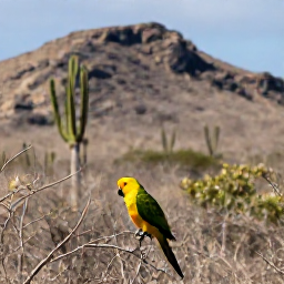 Caribbean Holidays, Cura&ccedil;ao Birdwatching, Yellow-shouldered Amazon parrot perched in dry Cura&ccedil;ao woodland, with cactus and rocky hills in the background