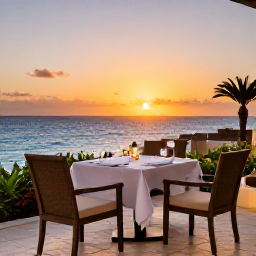 Caribbean Holidays, Curacao Business Class, A comfortable Cura&ccedil;ao hotel terrace overlooking the sea at sunset, with an elegant table set for dinner