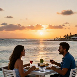 Caribbean Holidays, Cura&ccedil;ao Business Class, A couple enjoying dinner at a waterside restaurant in Cura&ccedil;ao as the sun sets over the Caribbean Sea