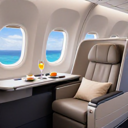 Caribbean Holidays, Cura&ccedil;ao Business Class, A modern aircraft cabin with a business class seat, elegant dining and views towards the Caribbean sky