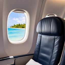 Caribbean Holidays, Cura&ccedil;ao Business Class, Business-class passenger enjoying a spacious lie-flat aircraft seat with a tropical ocean view through the window