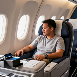 Caribbean Holidays, Cura&ccedil;ao Business Class, Business class passenger relaxing in a comfortable aircraft seat on a flight to Cura&ccedil;ao, warm natural light, travel photography