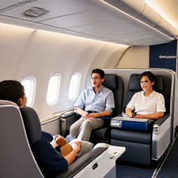 Caribbean Holidays, Cura&ccedil;ao Business Class, Business class passengers relaxing in a comfortable aircraft cabin before flying to Cura&ccedil;ao