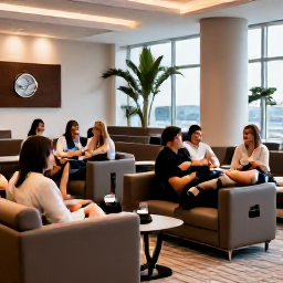 Caribbean Holidays, Cura&ccedil;ao Business Class, Business class passengers relaxing in a stylish airport lounge before a flight to Cura&ccedil;ao