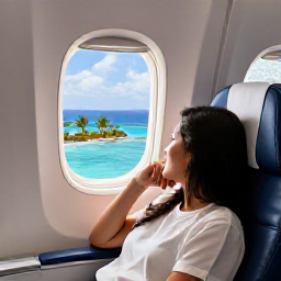 Caribbean Holidays, Cura&ccedil;ao Business Class, Business class traveller relaxing in a comfortable aircraft seat, with a bright Caribbean island visible through the window