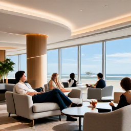 Caribbean Holidays, Cura&ccedil;ao Business Class, Business-class travellers relaxing in a bright Cura&ccedil;ao airport lounge, with modern Caribbean design and views of blue sky