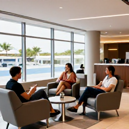 Caribbean Holidays, Cura&ccedil;ao Business Class, Business-class travellers relaxing in a modern airport lounge before a flight to Cura&ccedil;ao