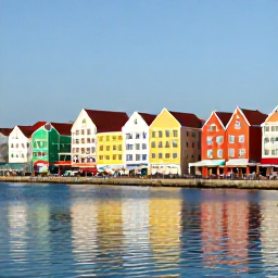 Caribbean Holidays, Cura&ccedil;ao Business Class, Colourful historic buildings along Handelskade waterfront in Willemstad, Cura&ccedil;ao, reflected in calm blue water under sunny skies