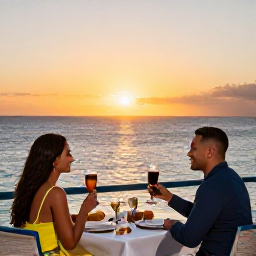 Caribbean Holidays, Cura&ccedil;ao Business Class, Couple enjoying a relaxed sunset dinner beside the Caribbean Sea in Cura&ccedil;ao
