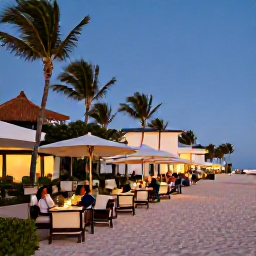 Caribbean Holidays, Cura&ccedil;ao Business Class, Elegant Cura&ccedil;ao beach resort with palm trees, outdoor seating and guests enjoying a relaxed January evening