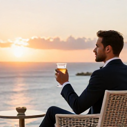 Caribbean Holidays, Cura&ccedil;ao Business Class, Elegant Cura&ccedil;ao hotel terrace overlooking the Caribbean Sea at sunset, with a business class traveller enjoying a drink