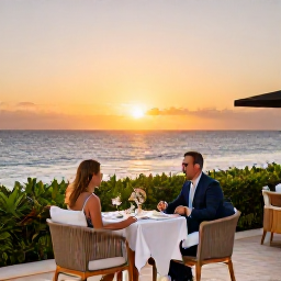 Caribbean Holidays, Cura&ccedil;ao Business Class, Elegant Cura&ccedil;ao resort terrace at sunset with a couple enjoying a relaxed dinner and ocean view