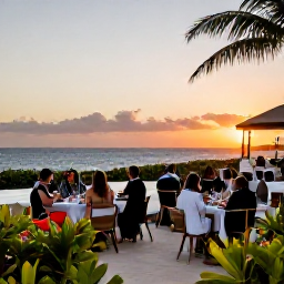 Caribbean Holidays, Cura&ccedil;ao Business Class, Elegant Cura&ccedil;ao resort terrace at sunset, with guests dining outdoors, tropical plants and the Caribbean Sea in the background