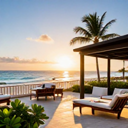 Caribbean Holidays, Cura&ccedil;ao Business Class, Elegant Cura&ccedil;ao resort terrace overlooking a tropical beach at sunset, relaxed luxury holiday photograph