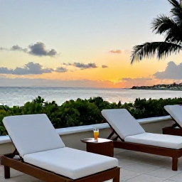 Caribbean Holidays, Cura&ccedil;ao Business Class, Elegant Cura&ccedil;ao seaside hotel terrace at sunset, with comfortable loungers, a refreshing drink and views across the Caribbean Sea