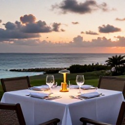 Caribbean Holidays, Cura&ccedil;ao Business Class, Elegant outdoor dinner at a Cura&ccedil;ao restaurant overlooking the sea at sunset