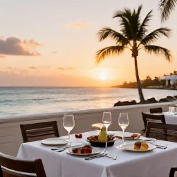 Caribbean Holidays, Cura&ccedil;ao Business Class, Elegant seaside restaurant in Cura&ccedil;ao serving dinner at sunset with palm trees and the Caribbean Sea