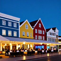 Caribbean Holidays, Curacao Business Class, Evening scene in Pietermaai, Willemstad, Cura&ccedil;ao, with restaurants, music and colourful historic buildings