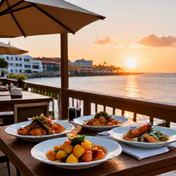 Caribbean Holidays, Cura&ccedil;ao Business Class, Outdoor restaurant in Willemstad, Cura&ccedil;ao serving fresh seafood and colourful local dishes at sunset