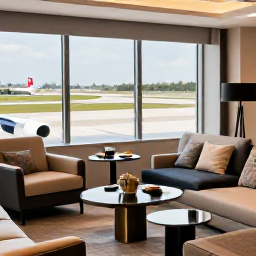 Caribbean Holidays, Cura&ccedil;ao Business Class, Stylish business-class lounge with comfortable seating, refreshments and views of aircraft on the runway