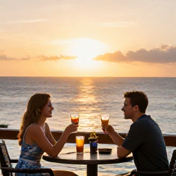 Caribbean Holidays, Cura&ccedil;ao Business Class, Sunset over Cura&ccedil;ao coastline with a relaxed couple enjoying drinks at an outdoor restaurant, warm golden light and calm sea