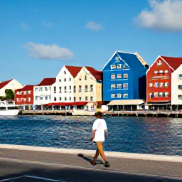 Caribbean Holidays, Cura&ccedil;ao Business Class, Traveller walking beside the colourful waterfront and floating market in Willemstad, Cura&ccedil;ao
