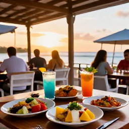 Caribbean Holidays, Curacao City Breaks, Local Curacao restaurant terrace at sunset with colourful dishes, tropical drinks and relaxed diners