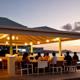 Caribbean Holidays, Cura&ccedil;ao City Breaks, Outdoor restaurant in Willemstad, Cura&ccedil;ao, serving local food at sunset with warm lights and relaxed diners