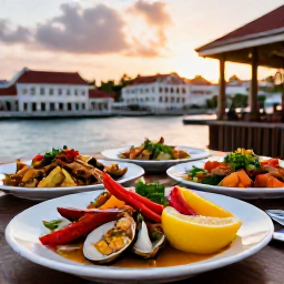 Caribbean Holidays, Curacao City Breaks, Outdoor terrace restaurant in Willemstad, Curacao, serving local seafood and colourful Caribbean dishes at sunset