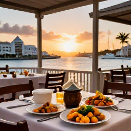 Caribbean Holidays, Curacao City Breaks, Outdoor terrace restaurant in Willemstad serving colourful Caribbean food at sunset, with the harbour in the background