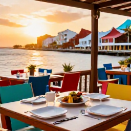 Caribbean Holidays, Cura&ccedil;ao City Breaks, Outdoor terrace restaurant in Willemstad serving colourful Cura&ccedil;ao dishes at sunset