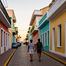 Caribbean Holidays, Curacao City Breaks, Relaxed couple walking through colourful Willemstad streets in warm Caribbean evening light