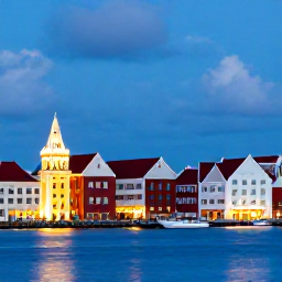 Caribbean Holidays, Cura&ccedil;ao City Breaks, Relaxed evening view across Willemstad harbour with illuminated colonial buildings and a calm Caribbean sky