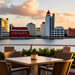 Caribbean Holidays, Cura&ccedil;ao City Breaks, Relaxed hotel terrace overlooking Willemstad harbour in warm evening light, Cura&ccedil;ao