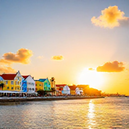 Caribbean Holidays, Cura&ccedil;ao City Breaks, Relaxed Willemstad waterfront in Cura&ccedil;ao at sunset, with colourful buildings, palm trees and calm harbour water