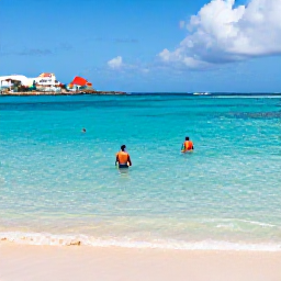 Caribbean Holidays, Curacao City Breaks, Turquoise Caribbean sea and sandy beach near Willemstad, Curacao, with snorkellers in clear shallow water