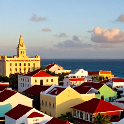 Caribbean Holidays, Curacao City Breaks, Visitors exploring colourful Willemstad at golden hour, with historic buildings, palm trees and the Caribbean sea