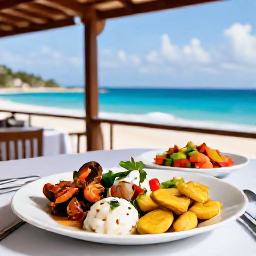 Caribbean Holidays, Cura&ccedil;ao Cooking Holidays, A beautifully presented Cura&ccedil;ao meal with keshi yena, fresh seafood, plantain and colourful salad on a shaded terrace overlooking the Caribbean Sea