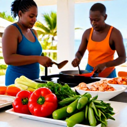 Caribbean Holidays, Cura&ccedil;ao Cooking Holidays, A bright Cura&ccedil;ao kitchen with local ingredients, colourful vegetables, herbs and seafood prepared for a hands-on cooking class