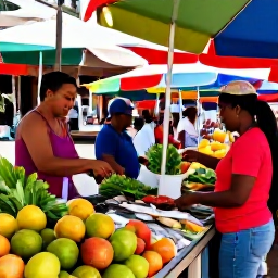 Caribbean Holidays, Cura&ccedil;ao Cooking Holidays, A colourful open-air market in Willemstad, Cura&ccedil;ao, with tropical fruit, fresh fish, herbs and local shoppers in warm July sunshine
