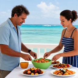 Caribbean Holidays, Cura&ccedil;ao Cooking Holidays, A couple preparing island food together on a sunny Cura&ccedil;ao terrace overlooking turquoise sea, with plates of local dishes on the table