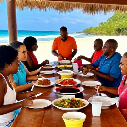 Caribbean Holidays, Cura&ccedil;ao Cooking Holidays, A friendly outdoor cooking class in Cura&ccedil;ao with visitors preparing local Caribbean dishes around a long wooden table