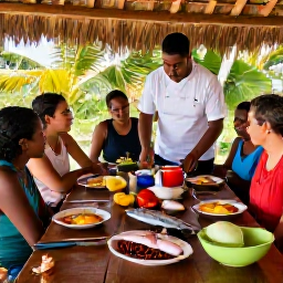 Caribbean Holidays, Cura&ccedil;ao Cooking Holidays, A local Cura&ccedil;ao chef guiding visitors through a traditional cooking lesson at a rustic island table with fresh fish, spices and vegetables