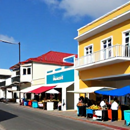Caribbean Holidays, Cura&ccedil;ao Cooking Holidays, Colourful Cura&ccedil;ao street scene in June with outdoor market stalls, tropical produce and bright Caribbean architecture